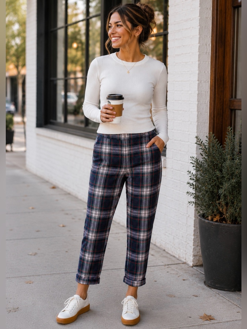 AF Studio Pants Plaid Green Tuxedo Stripe Straight Pull On Ankle